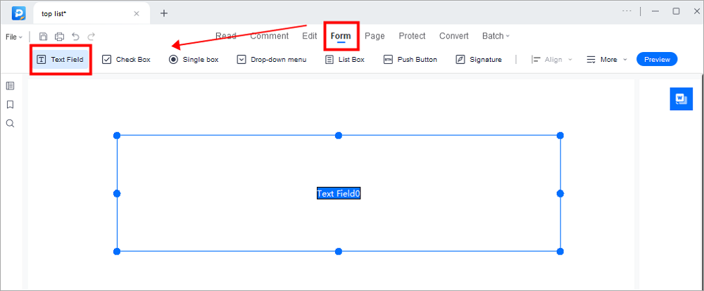 Wählen Sie die Option „Textfeld“.