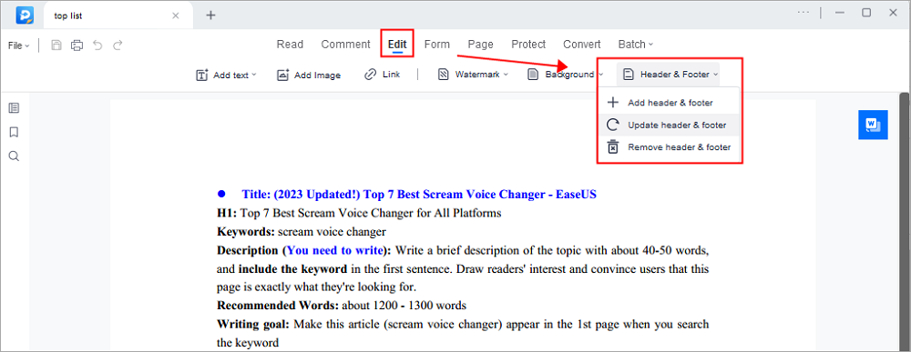 Choose the Header & Footer option